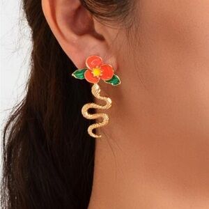 Orange Flower Gold Snake Drop Earrings